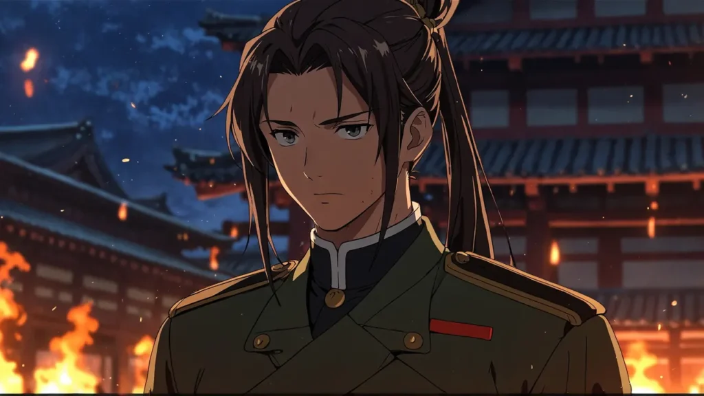 the-nihon-sangoku-tsune-top-dignified-young-general-in-green-uniform-with-flames-behind