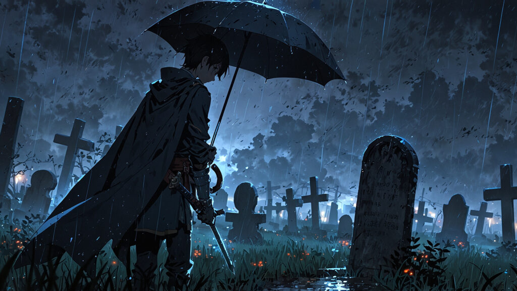 the-nihon-sangoku-tsune-death-theory-young-knight-with-umbrella-in-graveyard