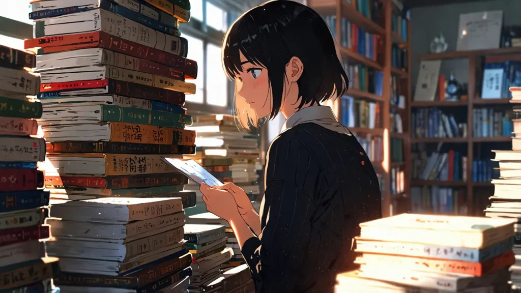 the-nihon-sangoku-tsune-faq-young-woman-surrounded-by-stacks-of-books