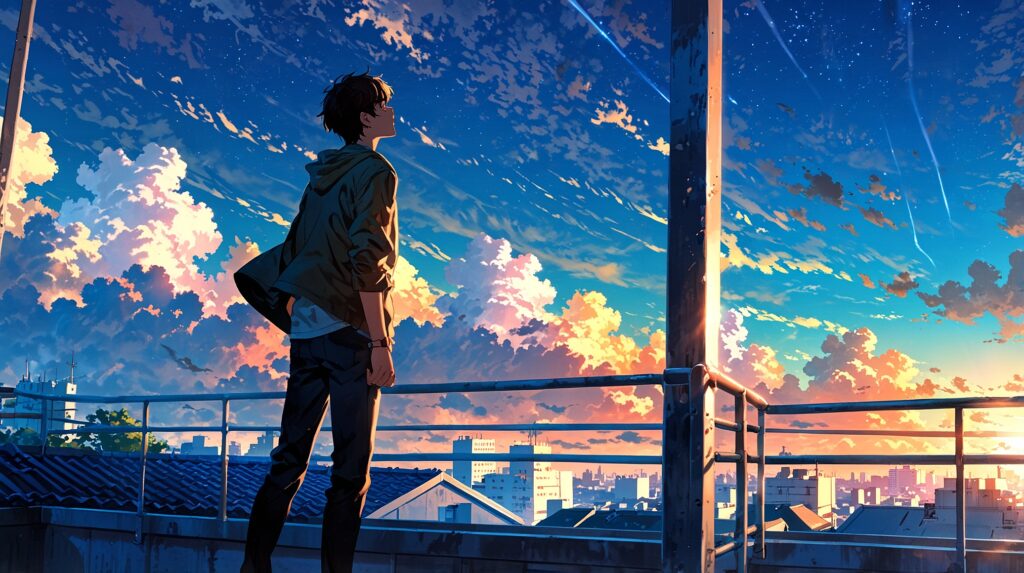 the-nihon-sangoku-tsune-conclusion-young-man-leaning-on-rooftop-railing-looking-at-sky