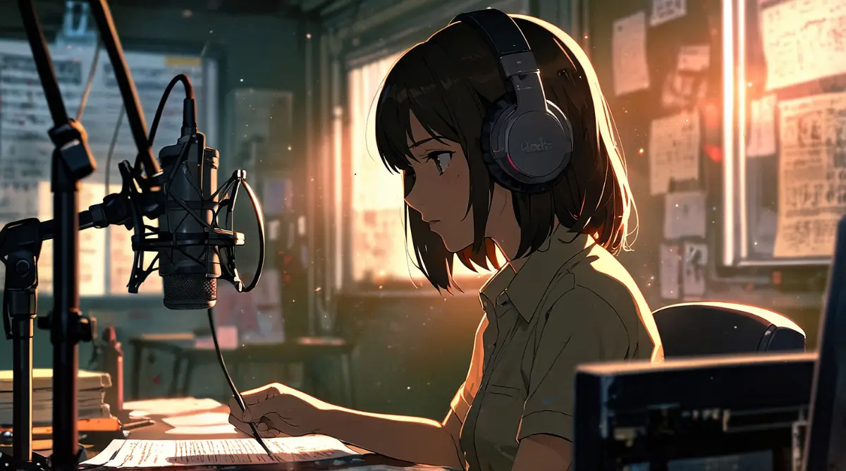 the-miichan-and-yamada-san-diana-eyecatch-woman-writing-at-desk-with-headphones